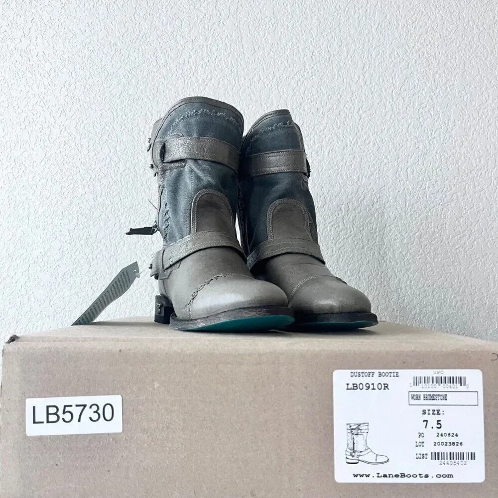 Lane Boots Womens Gray Leater Canvas Mid-Calf Western Moto Style Zip Size 7.5